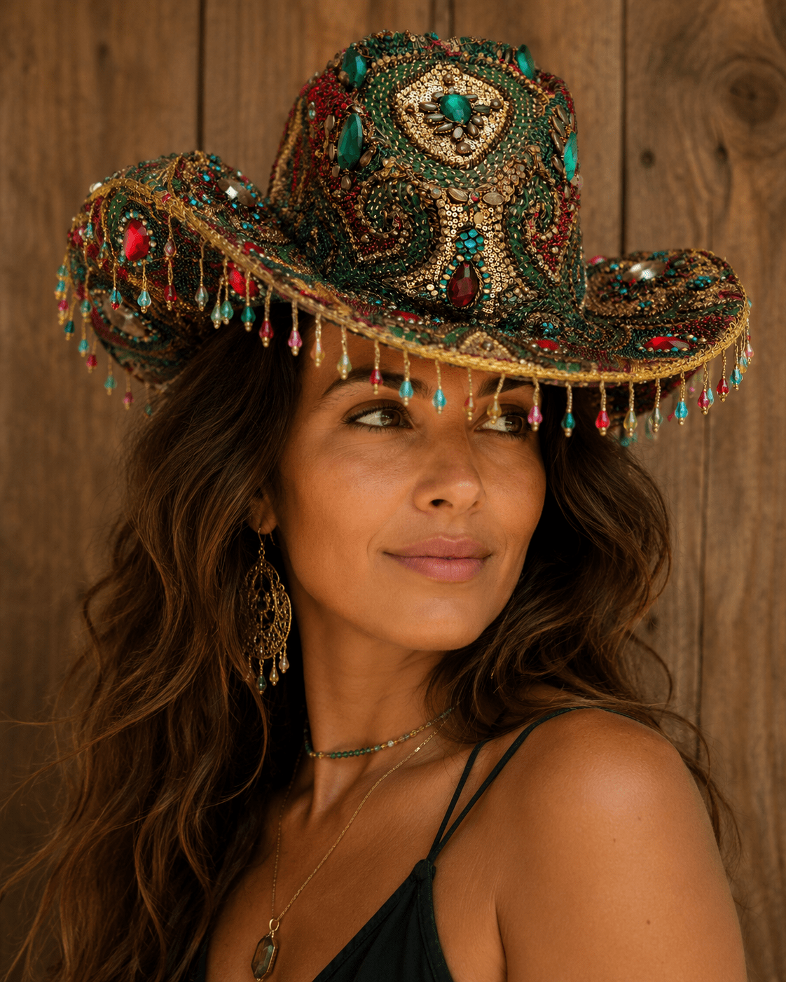 Sombrero Boho Artesanal Bordado a Mano con Lentejuelas y Cuentas color verde y vino – Pieza Exclusiva