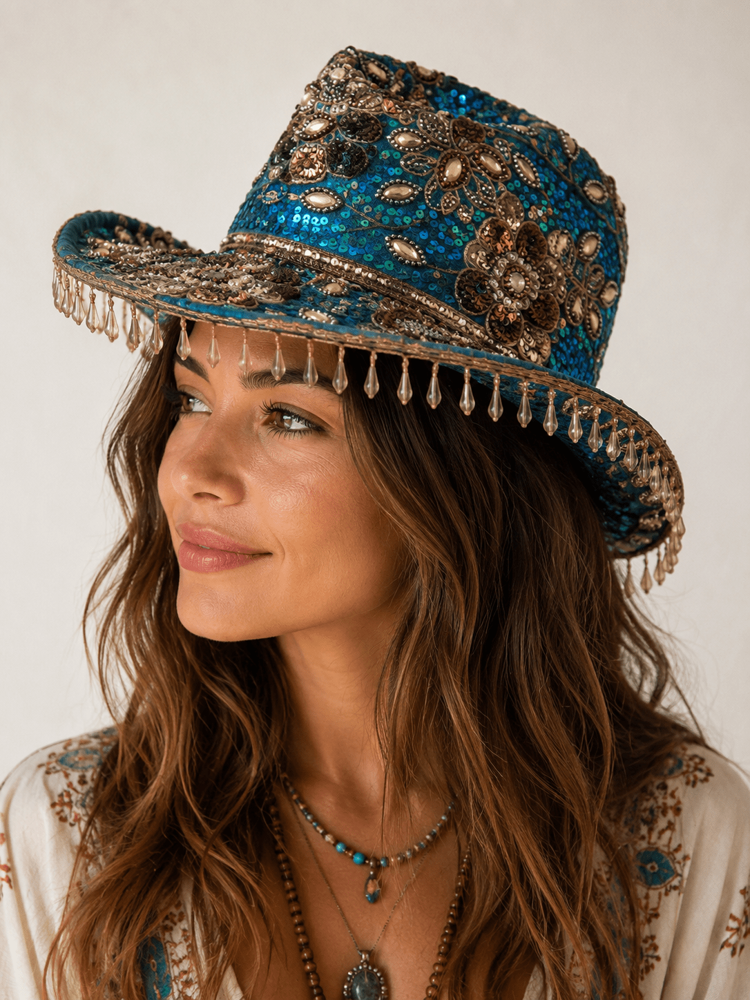 Sombrero Boho Artesanal Bordado a Mano con Lentejuelas y Cuentas color turquesa – Pieza Exclusiva