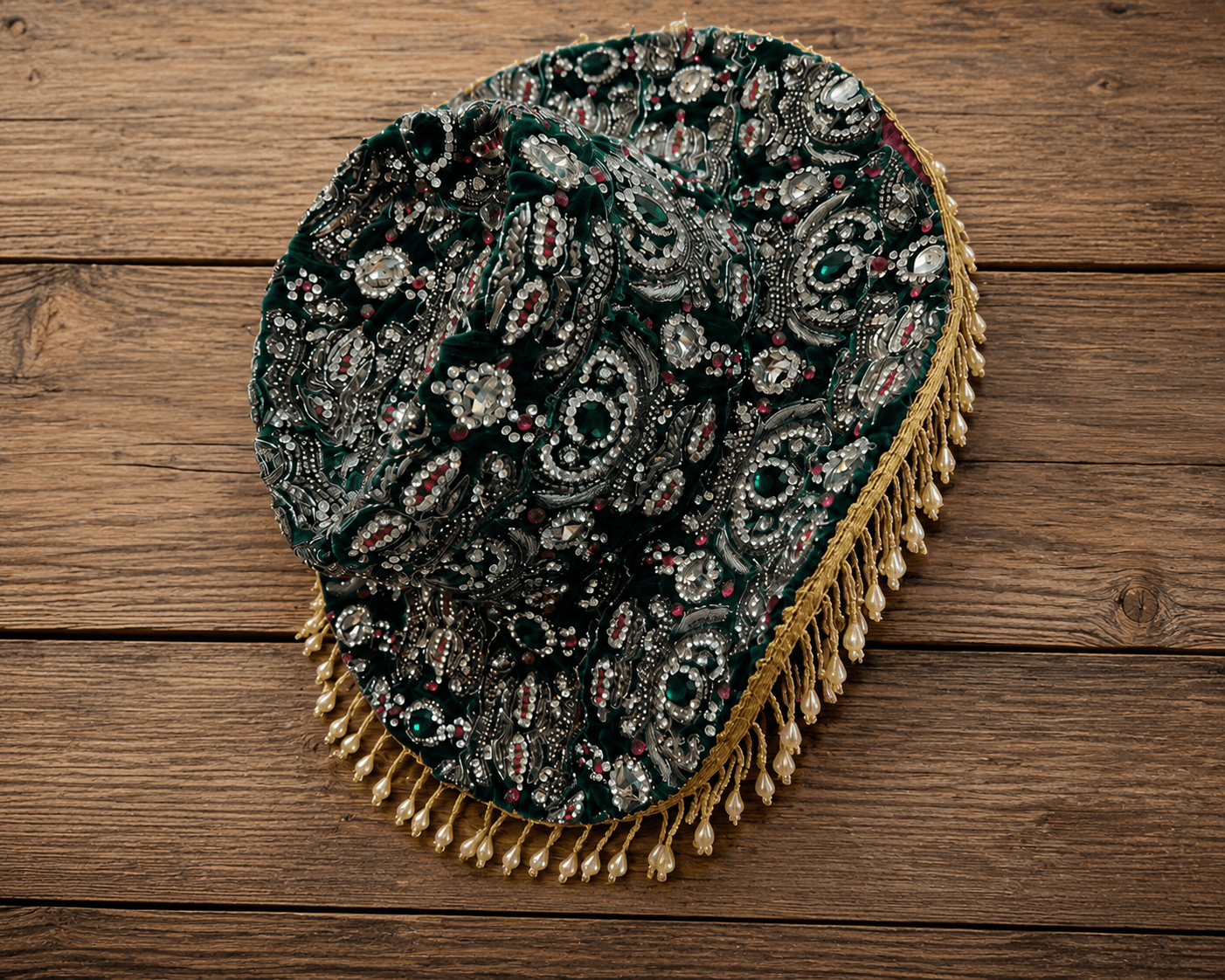 Sombrero Boho Artesanal Bordado a Mano con Lentejuelas y Cuentas color verde plateado – Pieza Exclusiva - Imagen 2