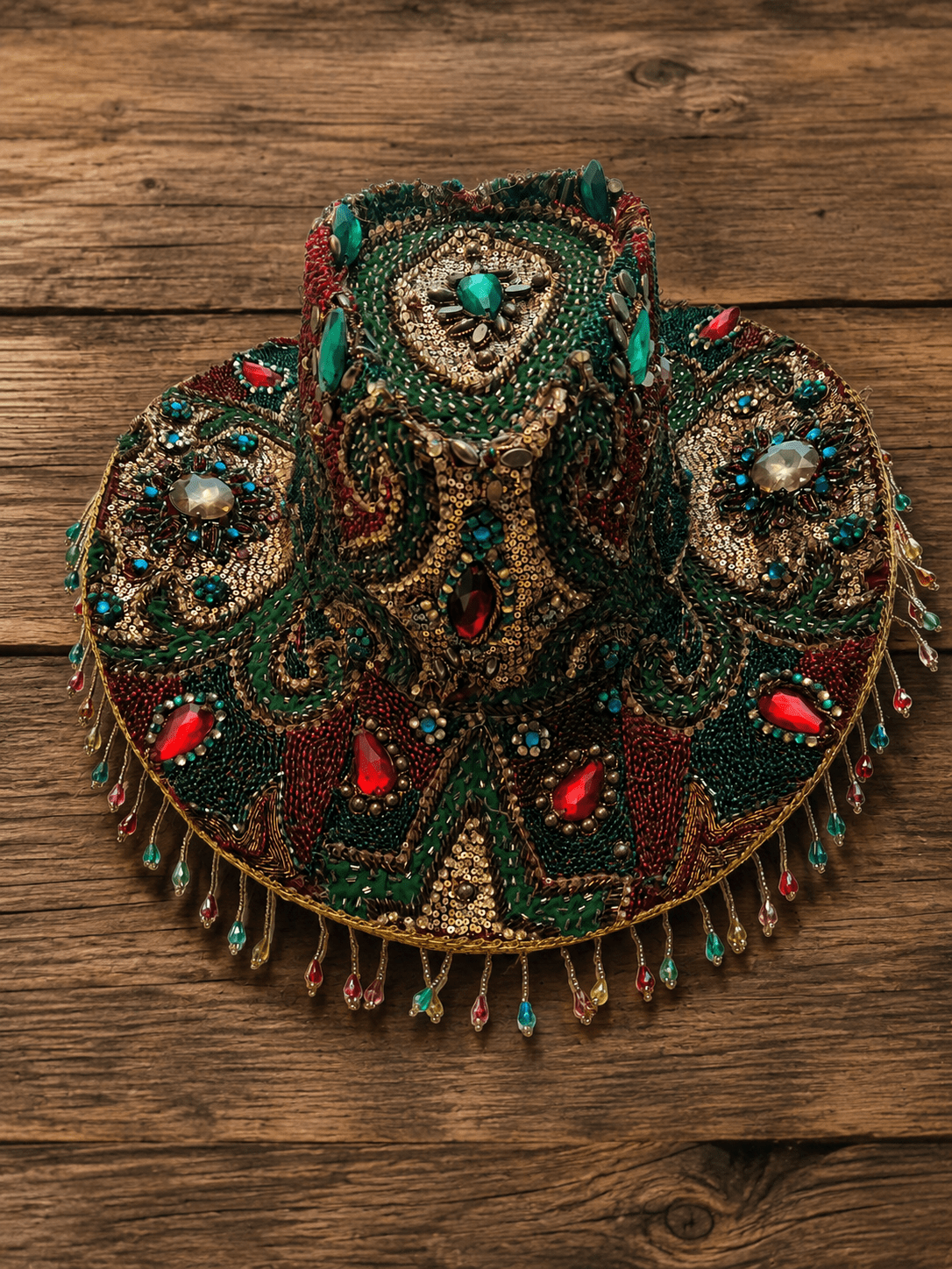 Sombrero Boho Artesanal Bordado a Mano con Lentejuelas y Cuentas color verde y vino – Pieza Exclusiva - Imagen 2